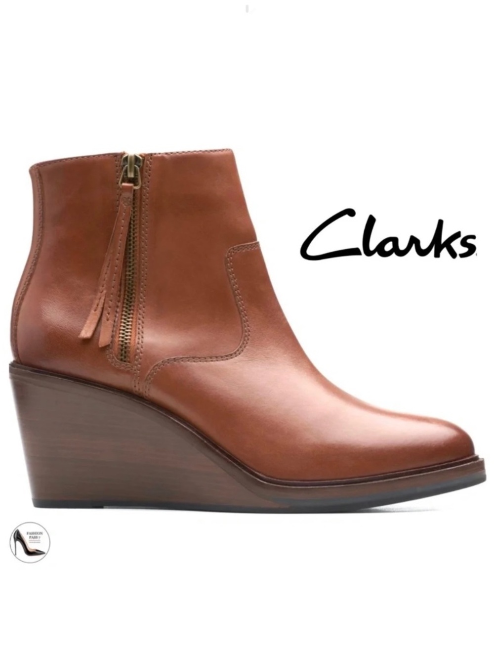 CLARKS CLARKSDALE 2 Dark Tan Leather Booties Double Zipper Wedge Ankle Boots 8.5
